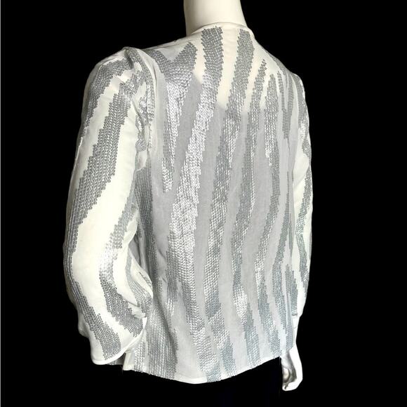 CHICO’S Women White Sheer Silver Beads in Geometric design Light jacket Size 0 - Picture 11 of 12